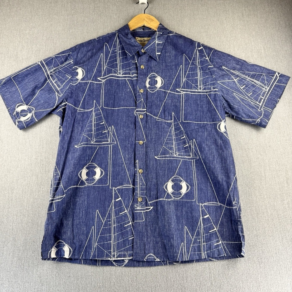 Cooke Street Honolulu Shirt Mens L Blue Sailboat Hawaiian Camp Button Up